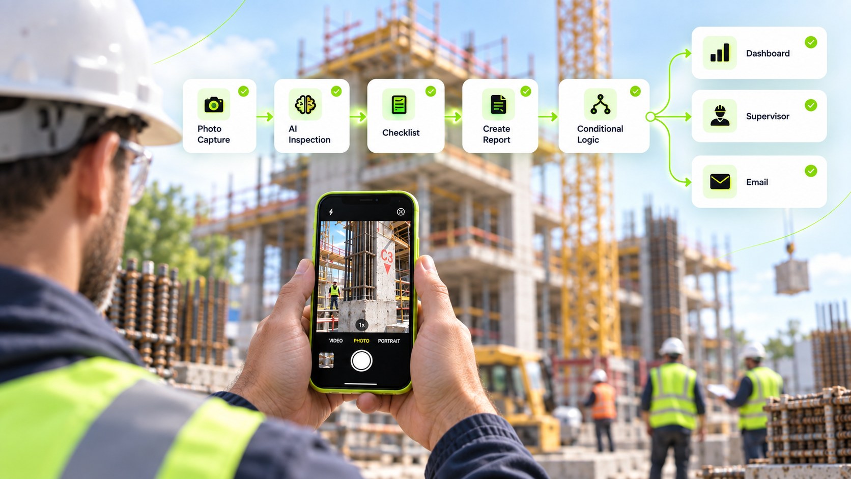 Construction worker photographing a rebar column on a lime iPhone, with the workflow rising to a project dashboard, supervisor alert, and email