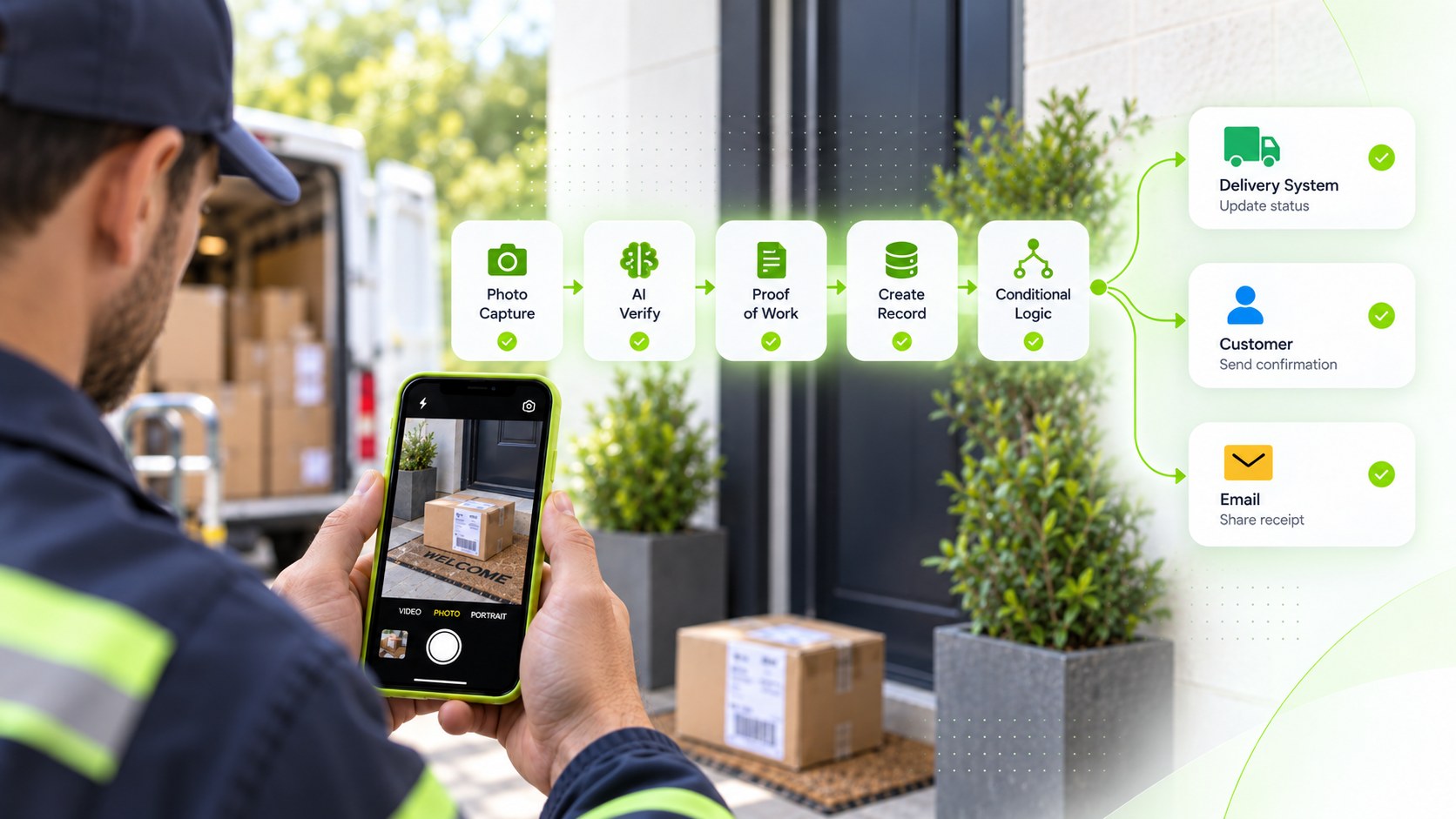 Courier photographing a package at the door on a lime iPhone, with the workflow rising to the delivery system, customer confirmation, and email