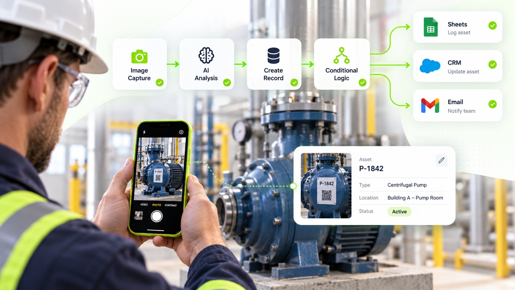 Technician photographing a plant pump on a lime iPhone, with the workflow rising to Google Sheets, CRM, and email