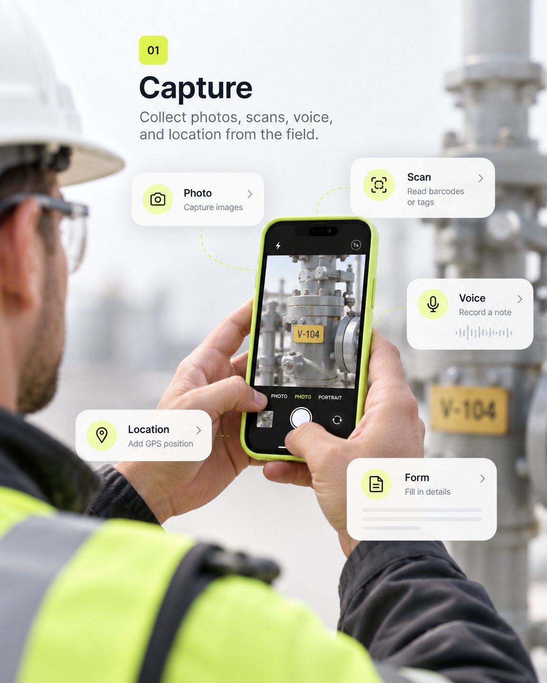 Technician photographing a valve on a lime iPhone, with photo, scan, voice, location, and form inputs around the screen