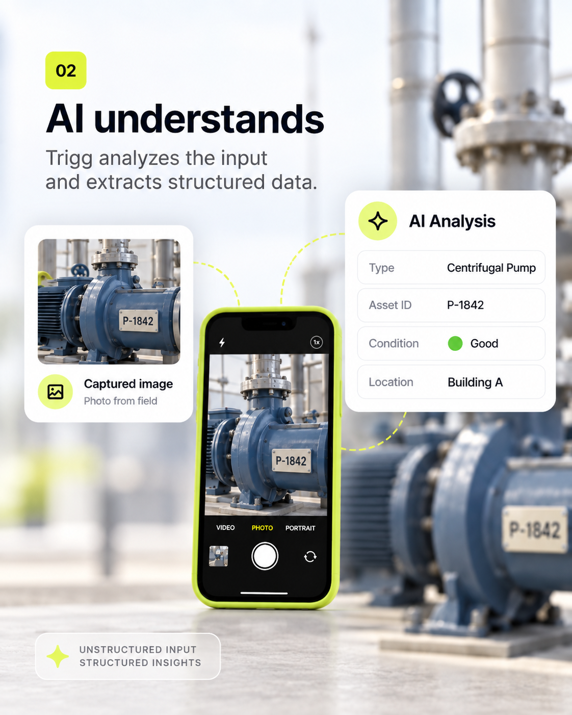 Technician photographing a pump while AI extracts type, asset ID, condition, and location