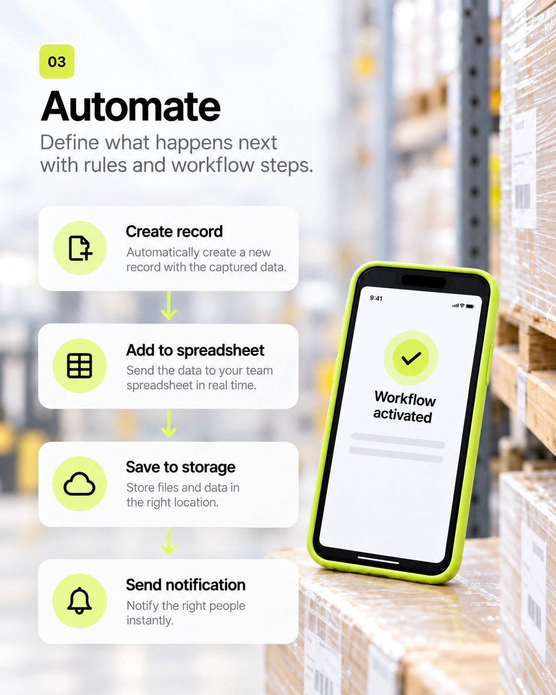 Worker confirming a workflow on iPhone, with steps to create a record, update a spreadsheet, save a file, and send a notification