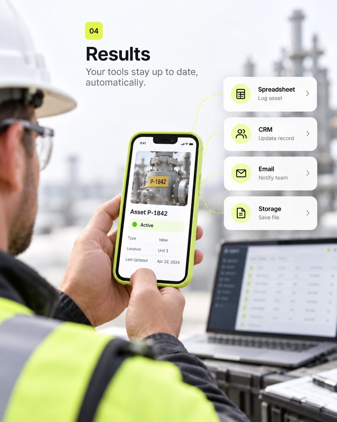 Completed asset record on iPhone landing in spreadsheet, CRM, email, and storage